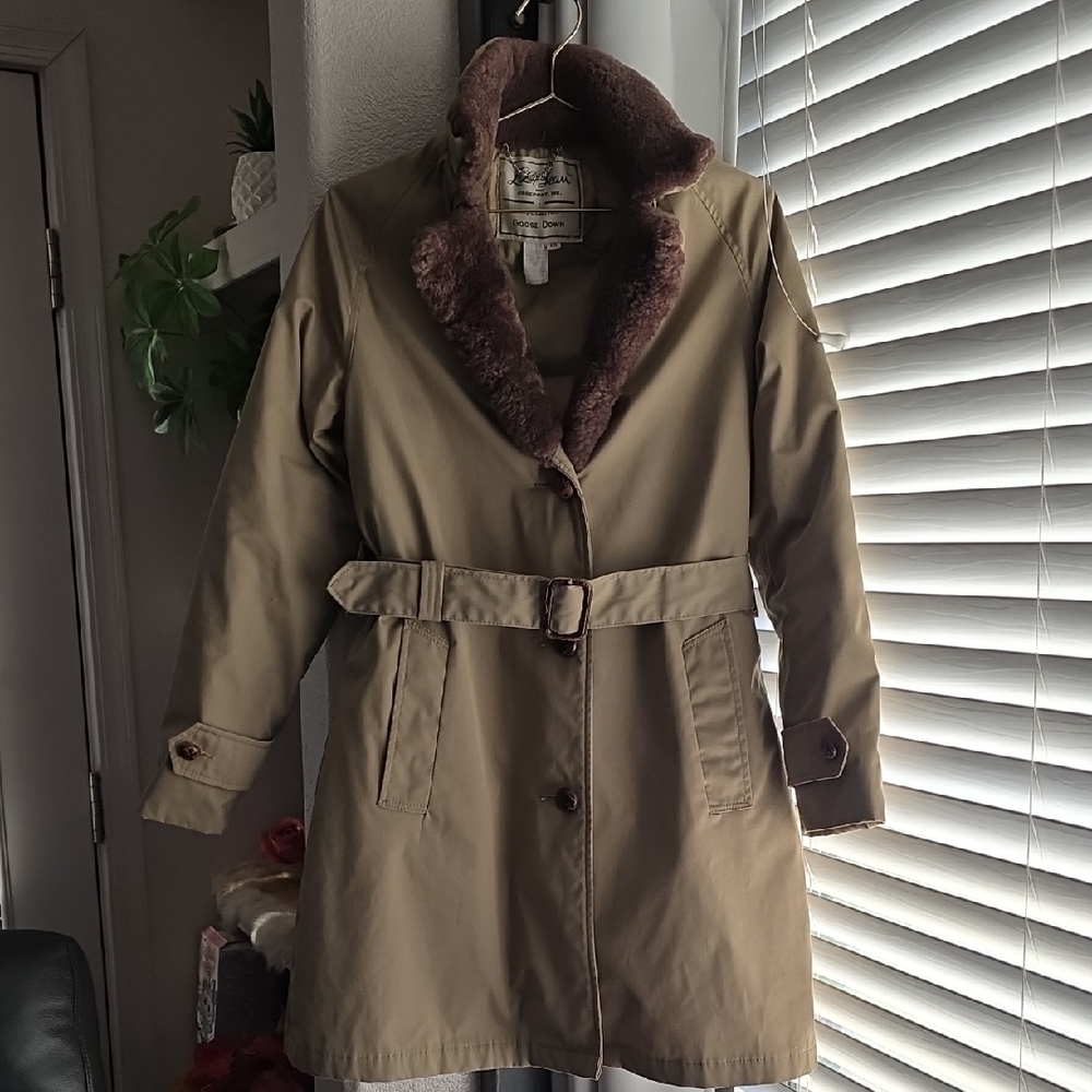 L.L. Bean Khaki Down Trench Coat with Plush Brown Collar Vintage